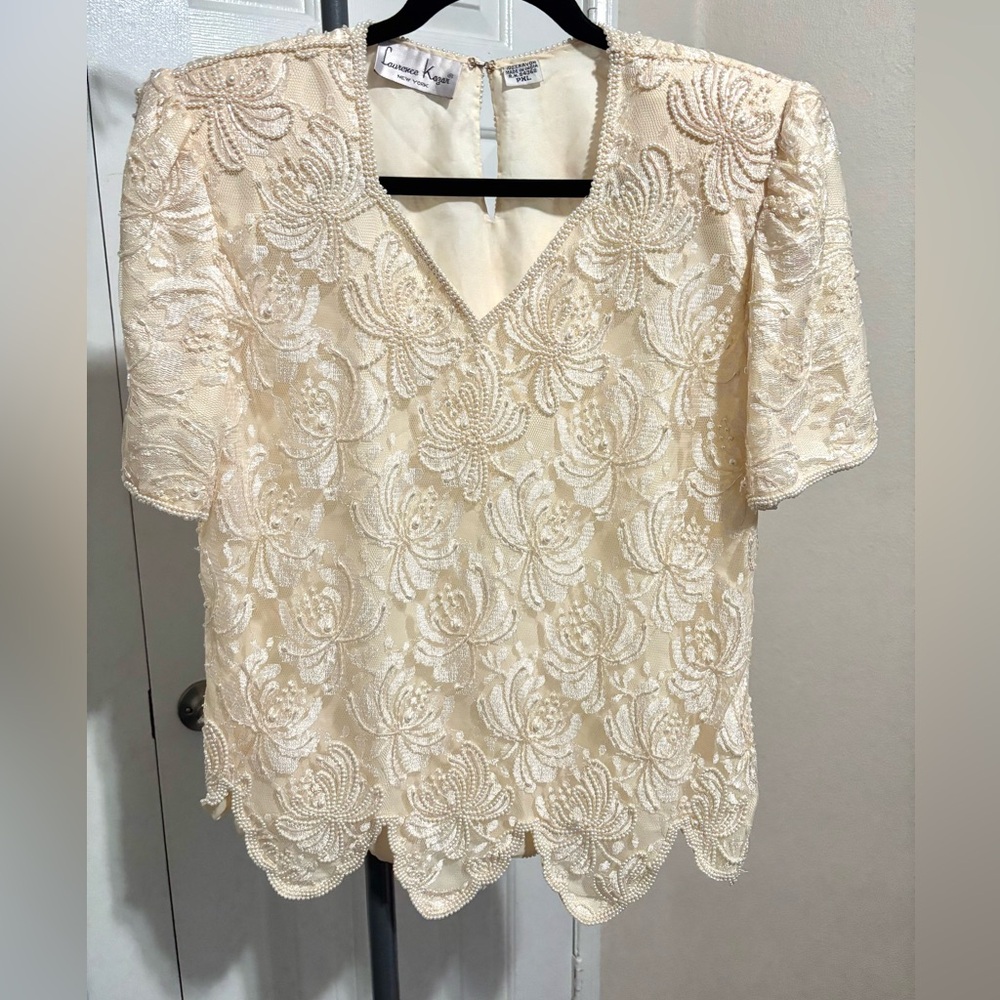 Vintage Laurence Kazar Cream Floral Crochet Rhinestone V-neck Sz PXL